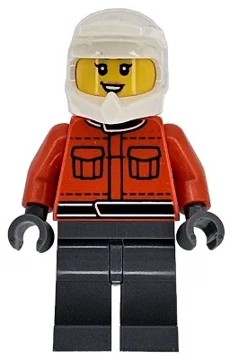 Formula 1 Pit Crew Member - Female, Reddish Orange Racing Suit with Pockets, Dark Bluish Gray Legs, White Dirt Bike Helmet
