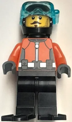 Diver - Male, Reddish Orange Wetsuit, Black Legs, Helmet, Air Tanks and Flippers, Trans-Light Blue Visor, Dark Brown Stubble