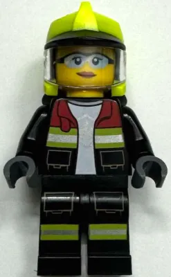 Fire - Female, Black Open Jacket and Legs with Reflective Stripes and Red Collar, Neon Yellow Fire Helmet, Trans-Clear Visor