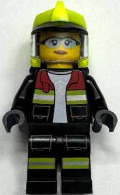 Fire - Female, Black Open Jacket and Legs with Reflective Stripes and Red Collar, Neon Yellow Fire Helmet, Trans-Clear Visor