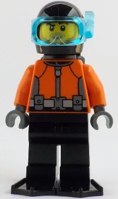 Helmsman - Male, Reddish Orange Wetsuit, Black Legs, Helmet, Air Tanks and Flippers, Trans-Light Blue Visor, Dark Tan Stubble