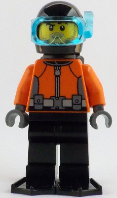 Helmsman - Male, Reddish Orange Wetsuit, Black Legs, Helmet, Air Tanks and Flippers, Trans-Light Blue Visor, Dark Tan Stubble