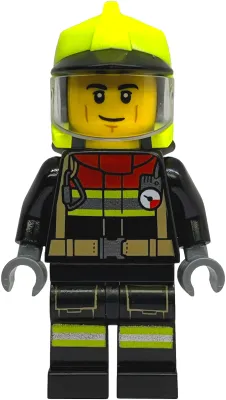 Fire - Male, Black Jacket and Legs with Reflective Stripes and Red Collar, Neon Yellow Fire Helmet, Trans-Clear Visor