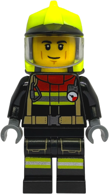 Fire - Male, Black Jacket and Legs with Reflective Stripes and Red Collar, Neon Yellow Fire Helmet, Trans-Clear Visor