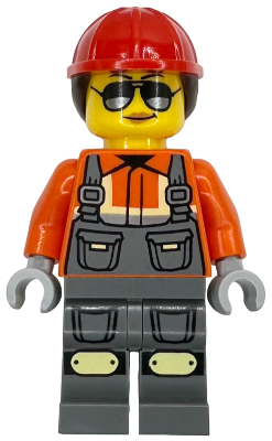 Construction Worker - Female, Dark Bluish Gray Overalls over Reddish Orange Safety Jacket with Reflective Stripes, Dark Bluish Gray Legs with Knee Pads, Red Construction Helmet with Dark Brown Ponytail Hair, Sunglasses