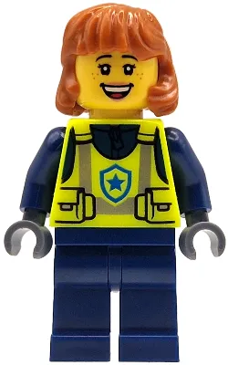 Police - City Officer Female, Neon Yellow Safety Vest, Dark Blue Legs, Dark Orange Mid Length Hair, Open Mouth Grin