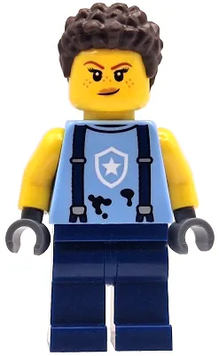 Police Mechanic - Female, Bright Light Blue Shirt with Suspenders, Black Splotches and White Star Badge Logo, Dark Blue Legs, Dark Brown Coiled Hair