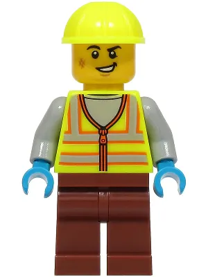 Train Worker - Male, Neon Yellow Safety Vest with Reflective Stripes, Reddish Brown Legs, Neon Yellow Construction Helmet