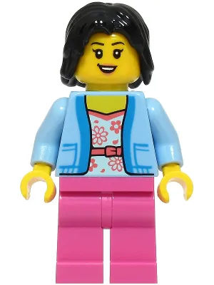 Passenger - Female, Bright Light Blue Jacket over White Shirt with Coral Flowers, Dark Pink Legs, Black Hair