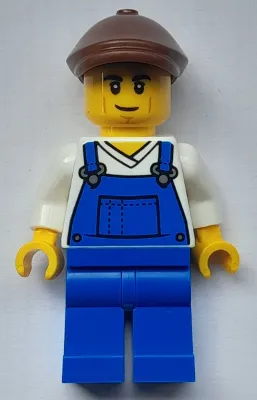 Farmer - Male, Blue Overalls over V-Neck Shirt, Blue Legs, Reddish Brown Flat Cap