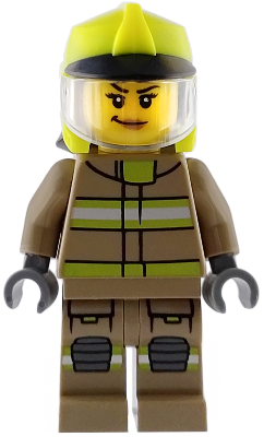 Fire - Female, Dark Tan Jacket and Legs with Reflective Stripes, Neon Yellow Fire Helmet, Trans-Clear Visor, Nougat Lips Smirk