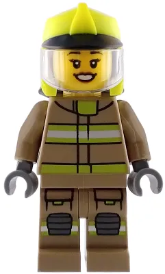 Fire - Female, Dark Tan Jacket and Legs with Reflective Stripes, Neon Yellow Fire Helmet, Trans-Clear Visor, Open Mouth Smile