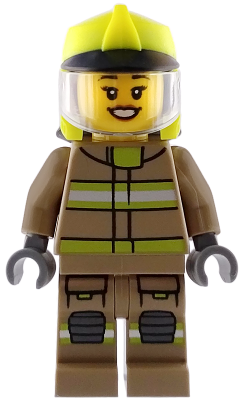 Fire - Female, Dark Tan Jacket and Legs with Reflective Stripes, Neon Yellow Fire Helmet, Trans-Clear Visor, Open Mouth Smile