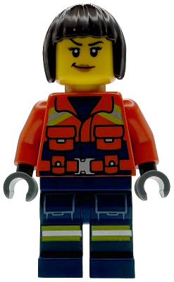 Coast Guard City - Female, Reddish Orange Jacket with Pockets and Reflective Stripes, Dark Blue Legs with Pockets and Reflective Stripes, Dark Brown Bob Cut Hair