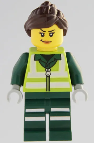 Recycling Worker - Female, Lime Safety Jacket with Reflective Stripes, Dark Green Legs with Reflective Stripes, Dark Brown Ponytail and Swept Sideways Fringe