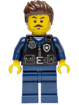 Police - City Officer Male, Black Safety Vest with Silver Star Badge Logo, Dark Blue Legs, Dark Brown Wavy Hair