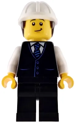 Construction Engineer / Architect - Male, Black Vest with Blue Striped Tie, Black Legs, White Construction Helmet with Dark Brown Hair, Lopsided Grin