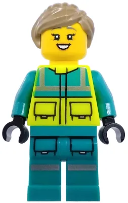 Paramedic - Female, Dark Turquoise and Neon Yellow Safety Vest, Legs with Silver Reflective Stripes, Dark Tan Hair