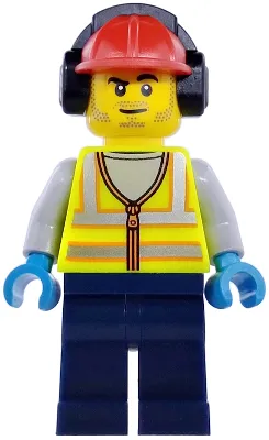 Airport Worker - Male, Neon Yellow Safety Vest with Reflective Stripes, Dark Blue Legs, Red Construction Helmet with Black Ear Protectors / Headphones, Stubble