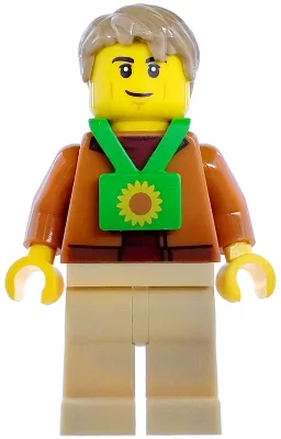 Plane Passenger - Male, Dark Orange Jacket, Tan Legs, Bright Green Sunflower Lanyard, Dark Tan Hair