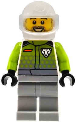 Race Car Driver - Male, Lime Racing Suit with Leopard Logo, Light Bluish Gray Legs, White Helmet, Trans-Clear Visor, Beard Stubble, Open Mouth Smile