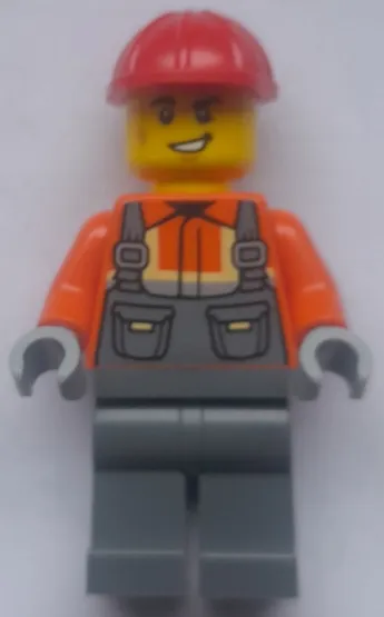Construction Worker - Male, Dark Bluish Gray Overalls over Reddish Orange Safety Jacket with Reflective Stripes, Dark Bluish Gray Legs, Red Construction Helmet, Lopsided Grin and Scuff