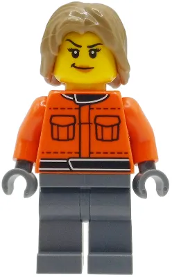 Formula 1 Pit Crew Member - Female, Reddish Orange Racing Suit with Pockets, Dark Bluish Gray Legs, Dark Tan Tousled Hair