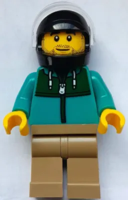 Stunt Driver - Male, Dark Turquoise Jacket with Dark Green Panel, Dark Tan Legs, Black Helmet, Trans-Clear Visor