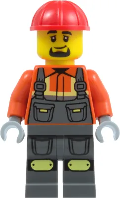 Construction Worker - Male, Dark Bluish Gray Overalls over Reddish Orange Safety Jacket with Reflective Stripes, Dark Bluish Gray Legs with Knee Pads, Red Construction Helmet, Goatee