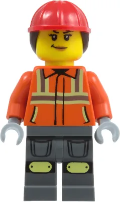 Construction Worker - Female, Reddish Orange Safety Jacket with Reflective Stripes, Dark Bluish Gray Legs with Knee Pads, Red Construction Helmet with Dark Brown Ponytail Hair, Smirk