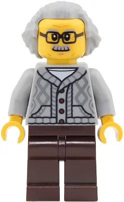 Passenger - Male, Light Bluish Gray Knit Cable Cardigan Sweater, Dark Brown Legs, Light Bluish Gray Hair Swept Back