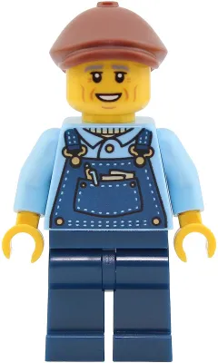 Train Driver - Male, Bright Light Blue Shirt, Dark Blue Overalls and Legs, Reddish Brown Flat Cap