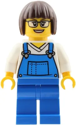 Truck Driver - Female, Blue Overalls over V-Neck Shirt, Blue Legs, Dark Brown Bob Cut Hair, Glasses