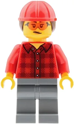 Mobile Crane Operator - Female, Red Plaid Flannel Shirt, Dark Bluish Gray Legs, Red Construction Helmet with Dark Brown Ponytail Hair, Safety Glasses