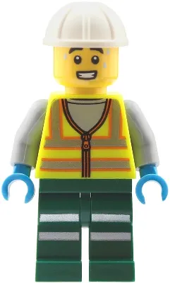 Train Worker - Male, Neon Yellow Safety Vest with Reflective Stripes, Dark Green Legs with Reflective Stripes, White Construction Helmet, Sweat Drops