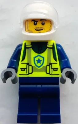 Police - City Officer Male, Neon Yellow Safety Vest, Dark Blue Legs, White Helmet, Trans-Clear Visor, Stubble