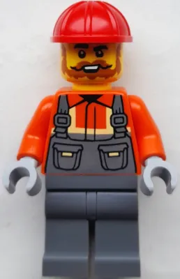 Construction Worker - Male, Dark Bluish Gray Overalls over Reddish Orange Safety Jacket with Reflective Stripes, Dark Bluish Gray Legs, Red Construction Helmet, Dark Orange Beard