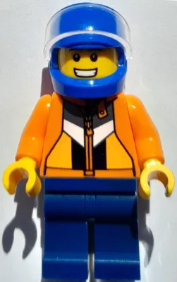Stuntman (Jason 'Just Jason' Brickle) - Male, Orange Jacket with Panels and Zipper, Dark Blue Legs, Blue Helmet, Trans-Clear Visor