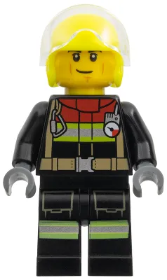Fire - Male, Black Jacket and Legs with Reflective Stripes and Red Collar, Neon Yellow Flight Helmet, Trans-Clear Visor, Cheek Lines