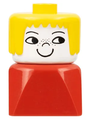 Duplo 2 x 2 x 2 Figure Brick Early, Female on Red Base, Yellow Hair, Freckles