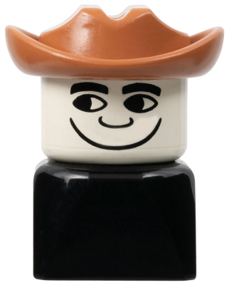 Duplo 2 x 2 x 2 Figure Brick Early, Male on Black Base, Fabuland Brown Western Hat, Looking Right