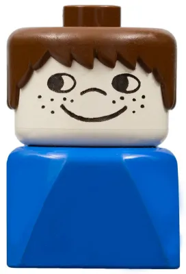 Duplo 2 x 2 x 2 Figure Brick Early, Male on Blue Base, Brown Hair, Cheek Freckles