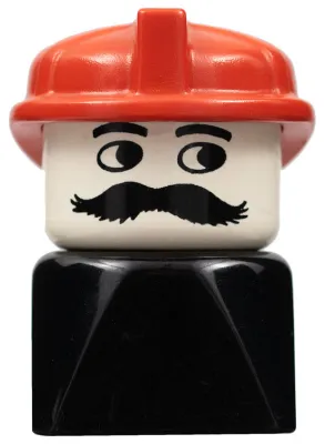Duplo 2 x 2 x 2 Figure Brick Early, Male on Black Base, Moustache, Red Hat (Firefighter)