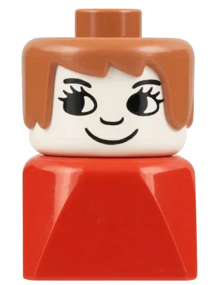 Duplo 2 x 2 x 2 Figure Brick Early, Female on Red Base, Fabuland Brown Hair, Eyelashes, Nose
