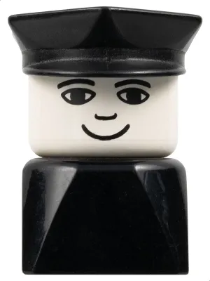 Duplo 2 x 2 x 2 Figure Brick Early, Male on Black Base, Black Police Hat, Small Smile