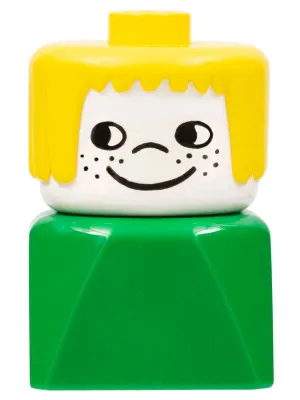 Duplo 2 x 2 x 2 Figure Brick Early, Female on Green Base, Yellow Hair, Nose, Freckles on Cheeks