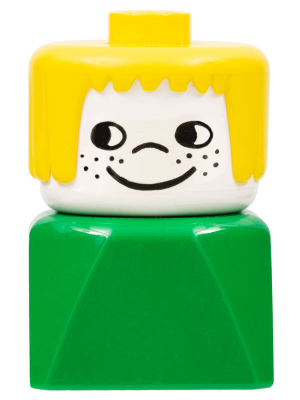 Duplo 2 x 2 x 2 Figure Brick Early, Female on Green Base, Yellow Hair, Nose, Freckles on Cheeks
