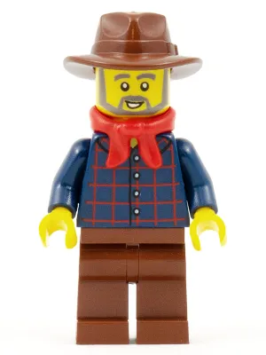Gold Prospector - Male, Dark Blue Plaid Button Shirt, Reddish Brown Legs, Reddish Brown Fedora Hat, Red Bandana, Beard