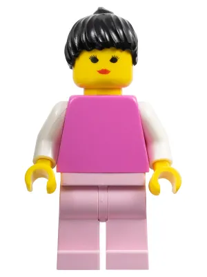 Plain Dark Pink Torso with White Arms, Pink Legs, Black Ponytail Hair