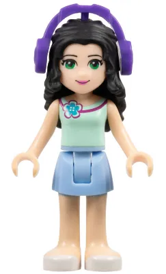 Friends Emma - Bright Light Blue Skirt, Light Aqua Top with Flower, Dark Purple Headphones